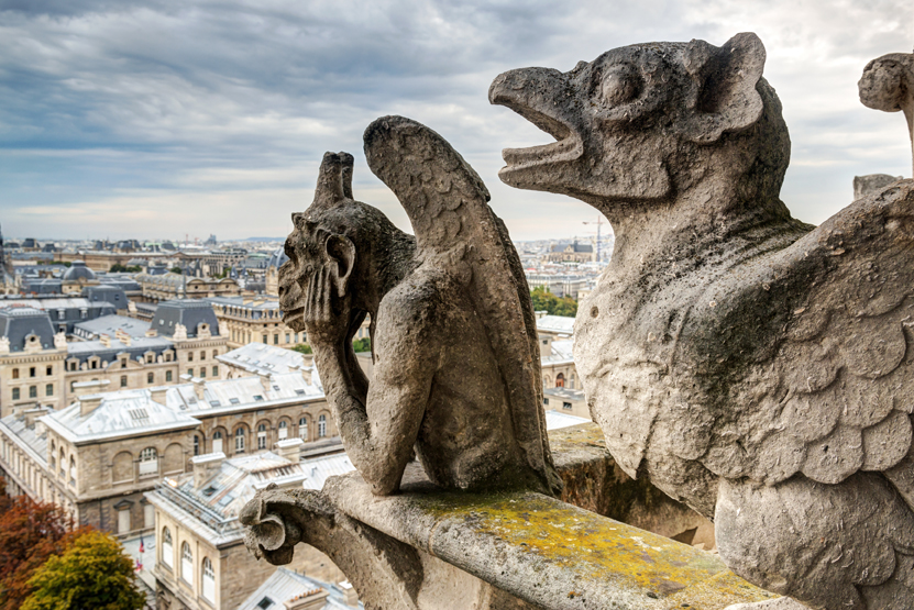 Chimeras (gargoyles) of the Cathedral of Notre Dame de Paris overlooking Paris, France